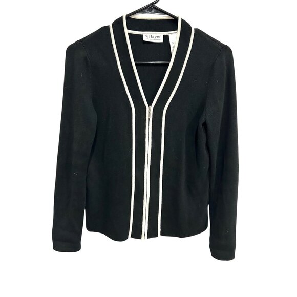 Villager Liz Claiborne Black Zip-Up Cardigan Sweater Size S  Modest Minimalist - Picture 1 of 10